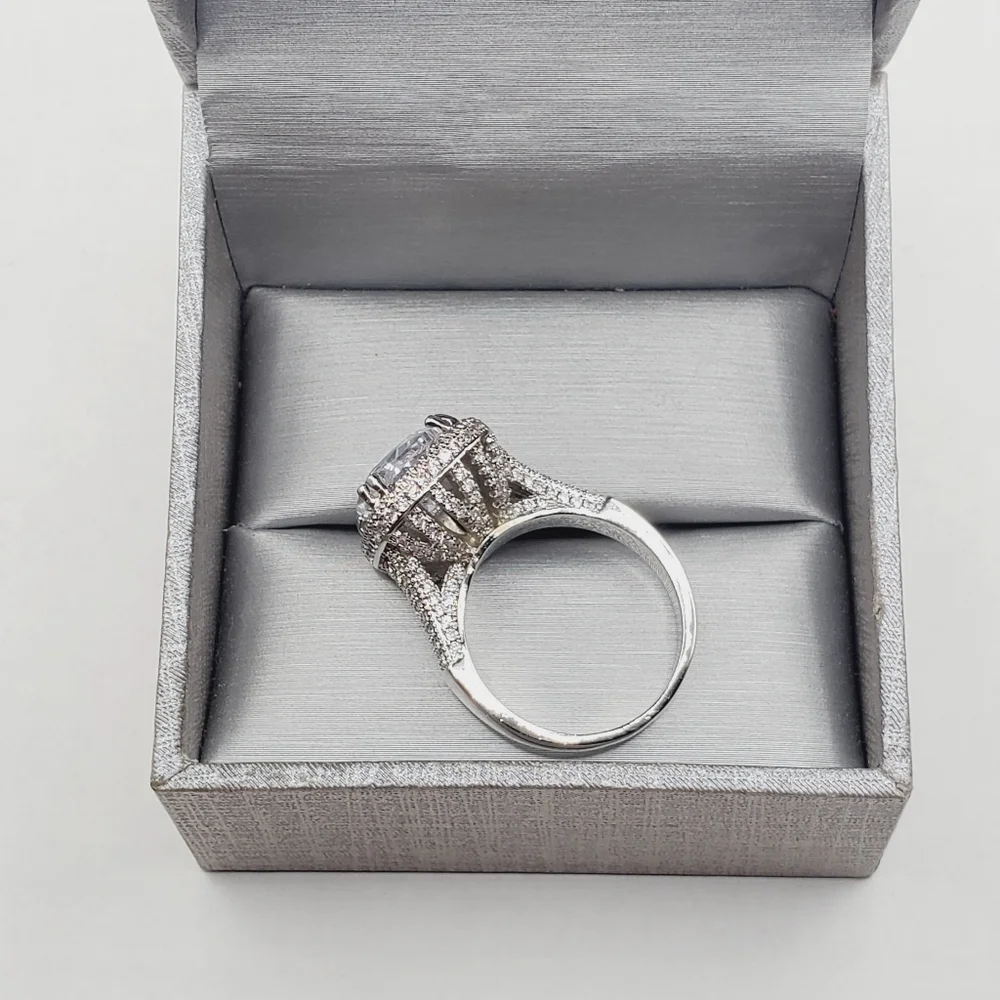 Cushion Cut White Diamond Simulants Silver Tone Pave Halo Engagement Ring
